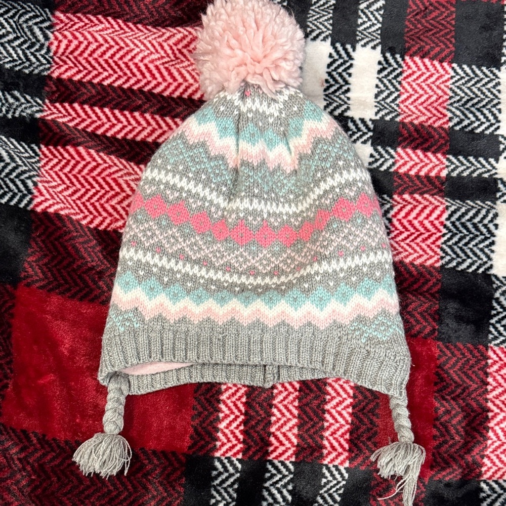 Carter's Knit Pom-Pom Hat - Gray, Pink, and White